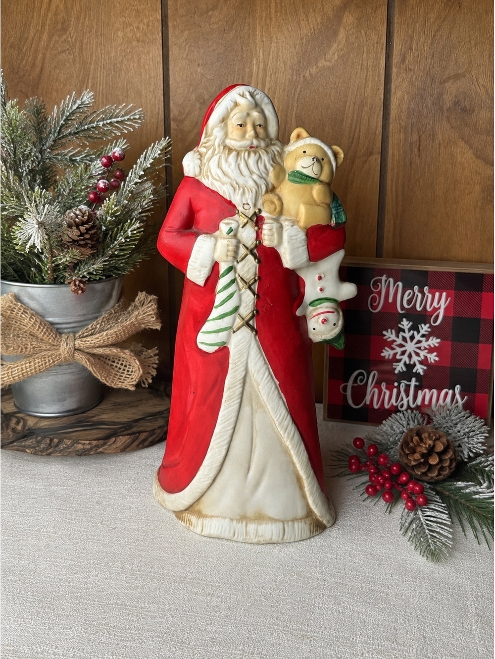 Vintage Ceramic Santa Figurine With Teddy Bear Stocking Christmas Holiday Decor